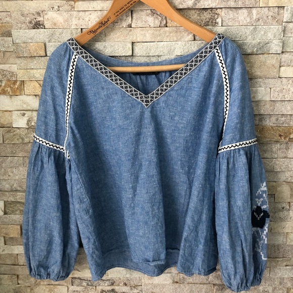 Zara Basics v neck boxy top balloon sleeves in linen cotton chambray size Small - Picture 3 of 6